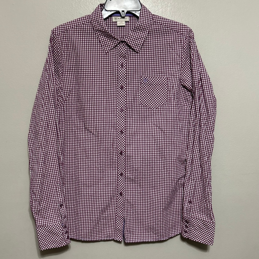 Ariat Womens Button Down Shirt L Purple Gingham Plaid Cotton Long Sleeve Cowgirl